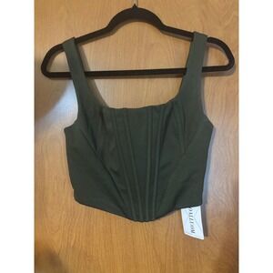 Whimsigoth Dark Olive Green Corset Crop Top Square Neck Zip Back Size M NWT